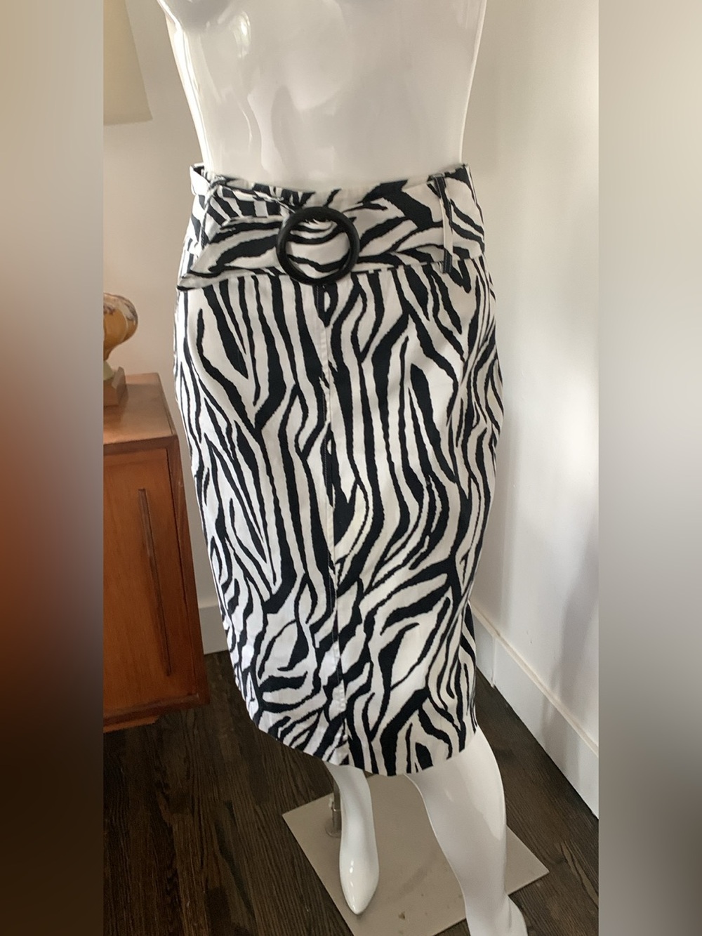 Zebra-Print Pencil Skirt with Belt - Black & White